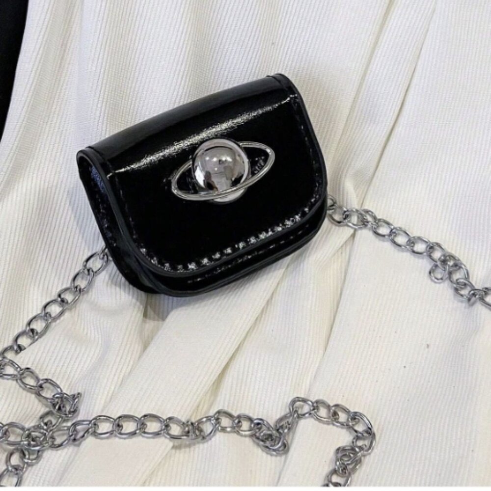 Mini Glossy Black Patent Leather Crossbody Bag – W/Saturn Planet Detail🪐